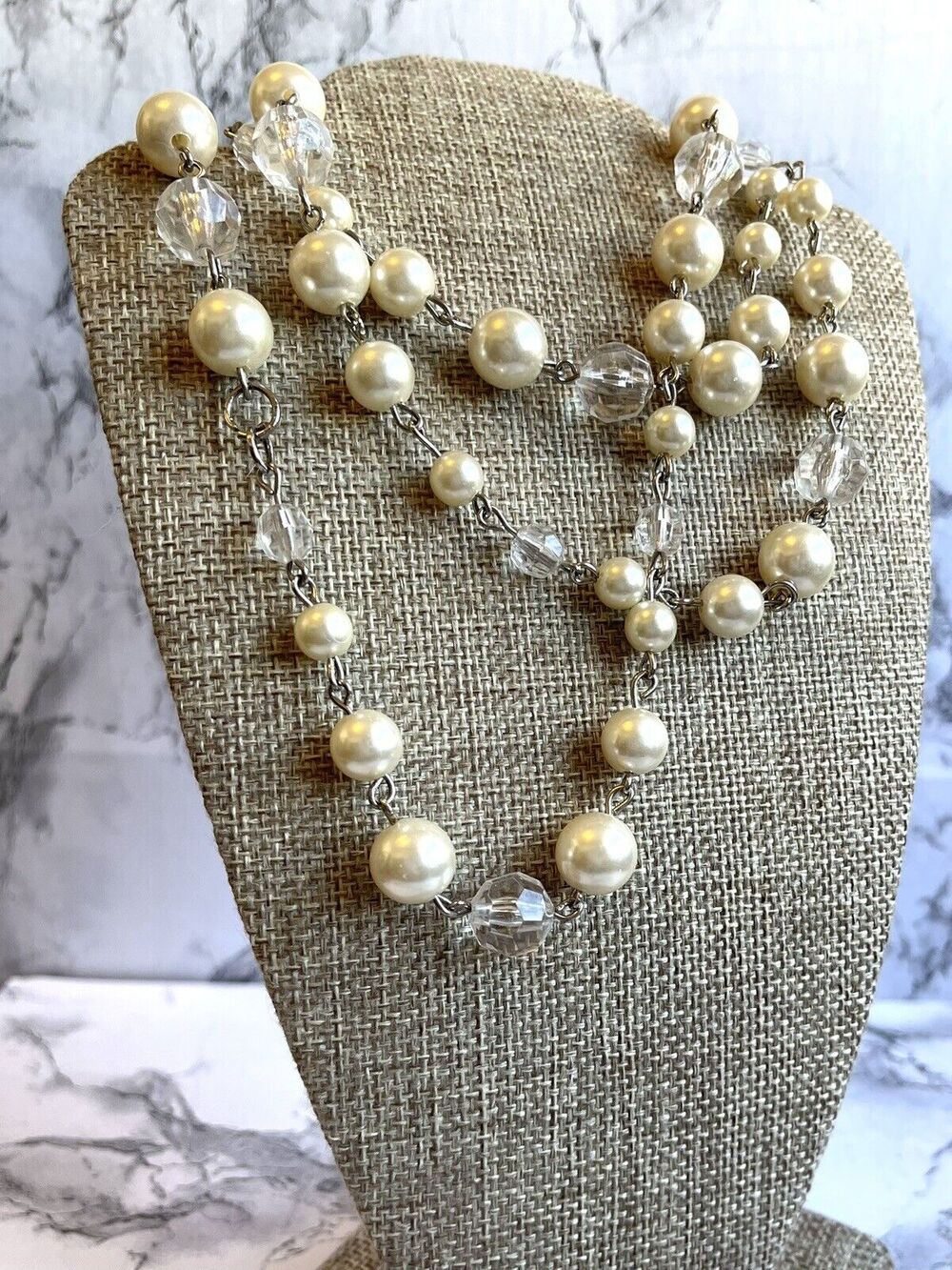 Vintage Opera Length Necklace Faux Pearls Clear Acrylic Beads & Silver Tone